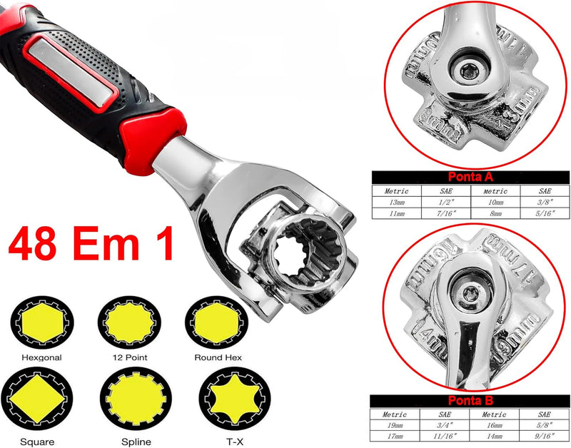 Chave Com 8 Bocas 48 Em 1 Universal - Substitui Kit Completo de Ferramenta Combinada Boca Estrela Soquete p/Parafusos e Porca Sextava