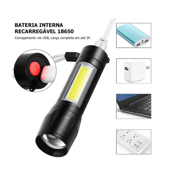 Lanterna Tática Com Led Forte E Zoom p/ regular Alcance Recarrega via USB-ENVIO IMEDIATO PARA TODO BRASIL